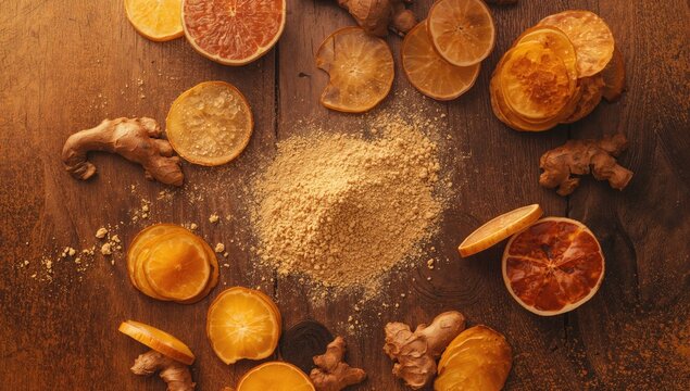 Dried Citrus Slices and Ginger Root on Wooden Surface with Ground Spices