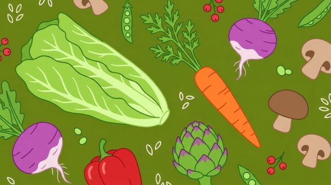 Hand Drawn Organic Vegetables Illustration on Green Background