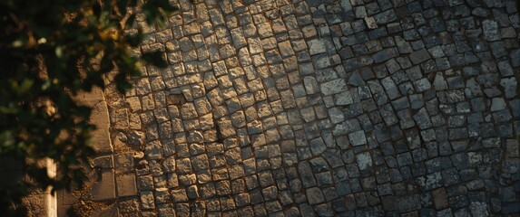 Fototapeta premium Cobblestone Pathway Illuminated by Soft Sunlight with Green Foliage