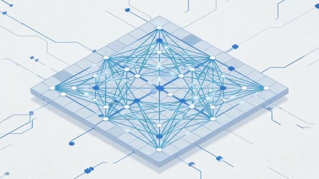 Neural network architecture and artificial intelligence data processing isometric concept showing digital machine learning connection nodes on futuristic circuit board for fintech applications
