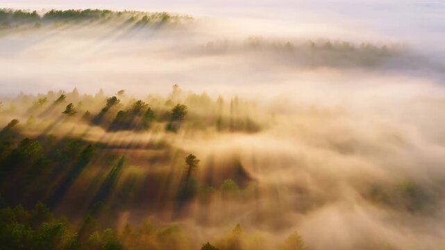 Golden sunbeams piercing low fog over conifer forest with diagonal shadow bands and layered mist across elevated mountain landscape, with fog, sunbeam, shadow, tree detail