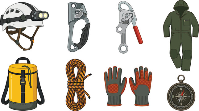 Professional Speleology Caving and Rescue Equipment Vector Icon Set with Helmet Descender Rope Suit and Navigation Compass Tools