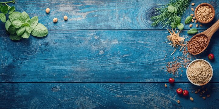 Herbs and Spices in Wooden Bowls on Rustic Blue Tabletop