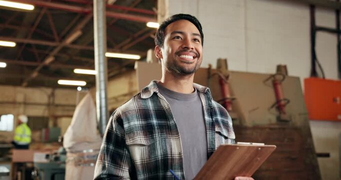 Man, planning and carpenter with clipboard in workshop for documents with order confirmation. Checklist, thinking and woodworker with idea for timber manufacturing process with inventory at warehouse