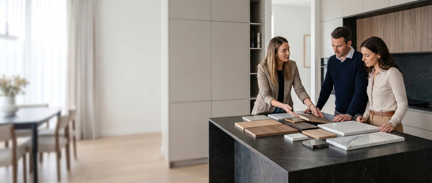 Kitchen designer discusses cabinet finishes and countertop samples with homeowners inside luxury contemporary kitchen, creating collaborative design plan in warm daylight with generous copy space.