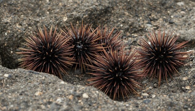 Sea urchins clustered on rocky sandy beach