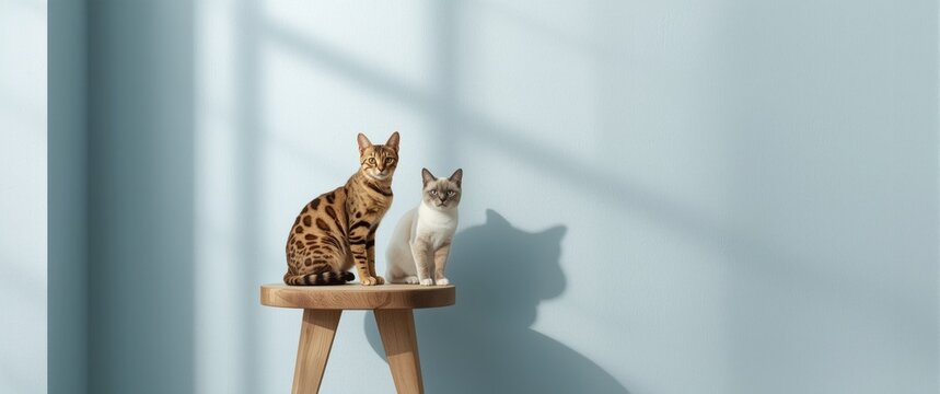 Bengal and Domestic Cat Sitting on a Wooden Stool in a Bright Room