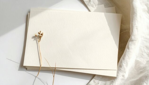Stack of blank, textured paper rests on linen with a delicate dried sprig