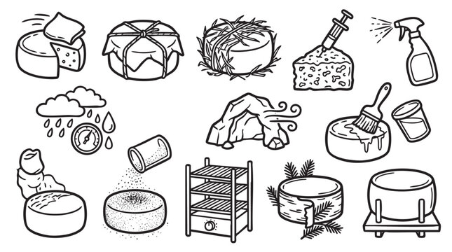 Cheese making process hand drawn doodle set showing traditional aging and production techniques.