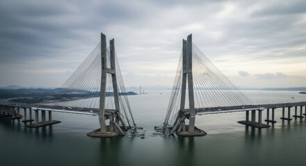 Obraz premium Majestic Twin Cable-Stayed Bridges Connect Across Water Under Cloudy Sky