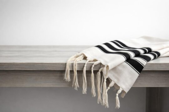 Woven Black and White Tallit Draped on a Wooden Table with Neutral Background
