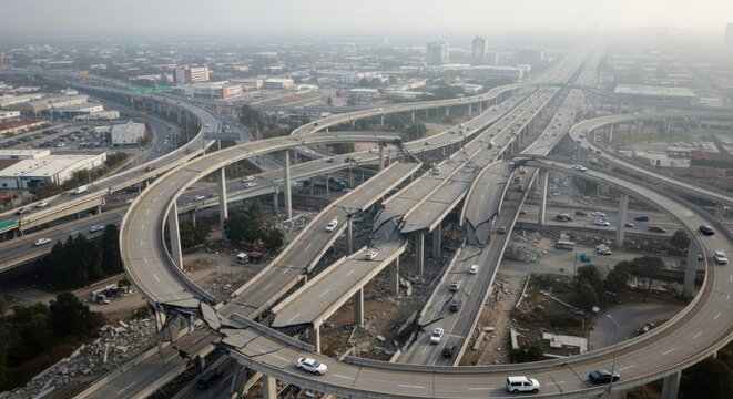 Major freeway interchange damaged by earthquake aftershocks, showcasing urban transportation destruction