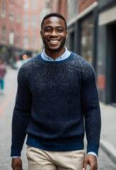 Naklejka premium Smiling black man in navy sweater on city street