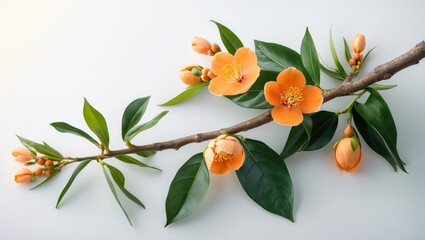 Obraz premium A small orange tree branch with leaves and blooms was cut and positioned on a white background, featuring orange flowers that bloom naturally.