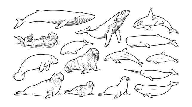 Marine mammal line art collection, 15 aquatic animal vector icons, hand drawn whale and seal illustrations for educational coloring books