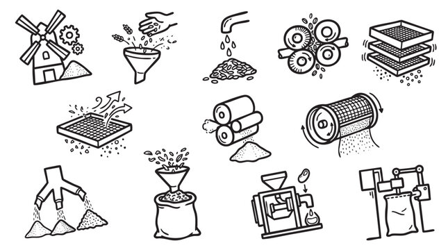 Industrial flour milling process icons set hand drawn vector grain processing equipment including windmill and grinding machines.