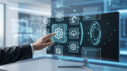 Fototapeta premium Digital transformation concept with hand interacting with ai automation and data analytics interface
