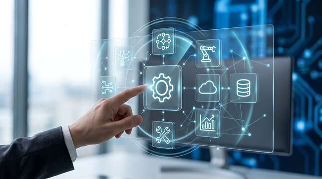 Digital transformation concept hand interacting with futuristic interface displaying tech icons