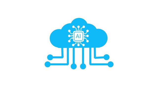 Blue cloud icon featuring an AI microchip text center while digital node circuit paths expand below it on a white background.