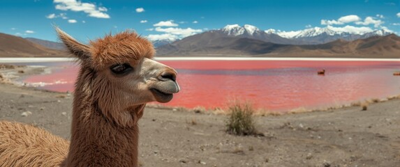 Fototapeta premium Llama Closeup Near Pink Salt Lake with Snowy Mountains in Background