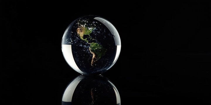 Glass Globe Reflecting Earth Against a Black Background in High Detail