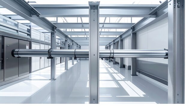 Industrial corridor with stainless steel conduit, metal beams, and white walls