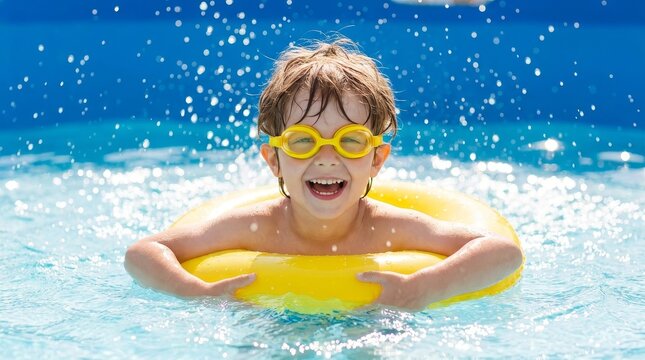 Happy Little Boy Splashing in Swimming Pool with Yellow Float Ring and Goggles
