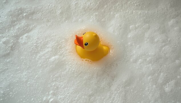 Rubber Duck Floating in Bubbles in a Bathtub Scene