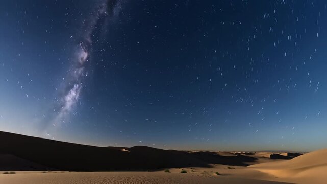 Night desert dune panorama beneath circular star trails and Milky Way over pale sand ridges with twilight glow on distant horizon, with desert, dune, sand, night detail