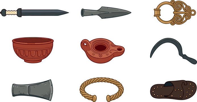 Ancient Roman and Celtic Artifacts Vector Icon Set Featuring Gladius Sword, Spearhead, Fibula Brooch, Pottery Bowl, Oil Lamp, Sickle, Axe, and Jewelry