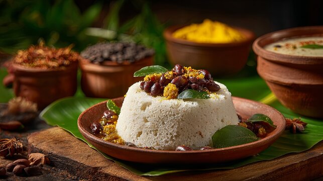 Authentic Kerala puttu served with flavorful kadala curry, showcasing a traditional South Indian breakfast in realistic food photography with rich textures and appetizing presentation
