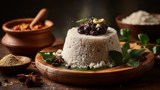 Authentic Kerala puttu served with flavorful kadala curry, showcasing a traditional South Indian breakfast in realistic food photography with rich textures and appetizing presentation
