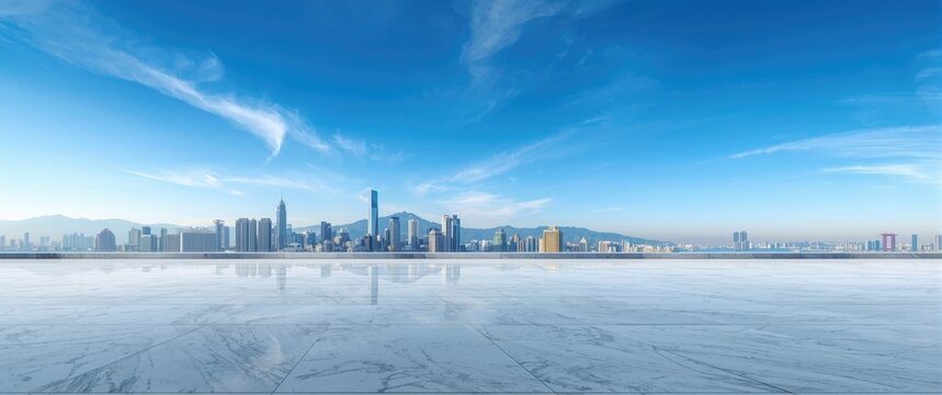 City Skyline Reflection Under Clear Blue Sky at Daytime
