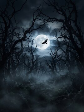 Spooky halloween night with bare trees full moon and flying crow in a dark forest