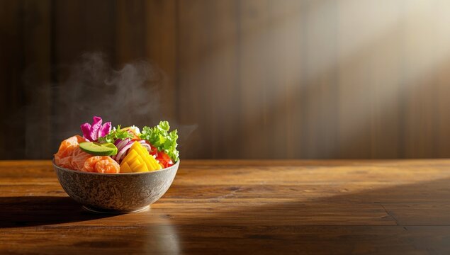 Steaming Bowl of Fresh Sushi and Vegetables on Wooden Table with Sunlight