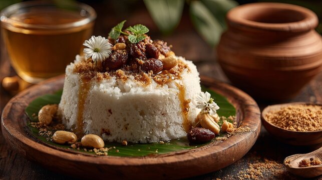 Authentic Kerala puttu served with flavorful kadala curry, showcasing a traditional South Indian breakfast in realistic food photography with rich textures and appetizing presentation

