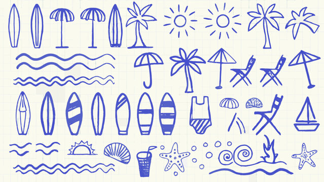 Beach Doodles Collection Blue Line Art Illustration On Graph Paper Background beachcombing beachside coastal coastline