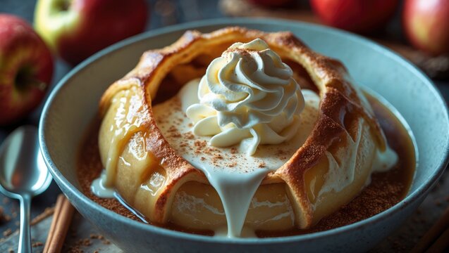 Warm apple dumpling served with ice cream.