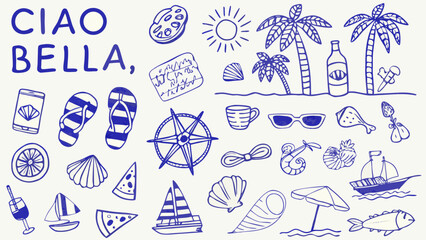 Italian summer themed sketches in blue featuring travel objects and coastal elements beach coast collection © Rabindrabath