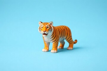Fototapeta premium Toy Tiger Figurine - Isolated on Blue Background, Vibrant Colors