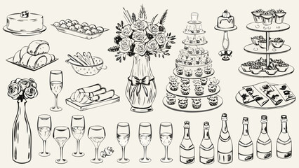 Celebration sketches featuring cakes floral arrangements champagne bottles and tiered serving stands in line art © Rabindrabath
