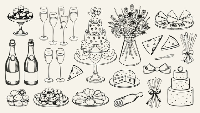 Party celebration sketches an elegant line art collection of cakes champagne and floral arrangements banquet