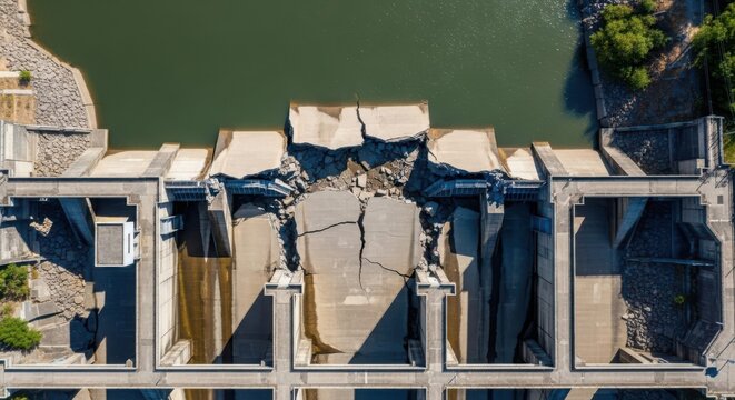 Severely Cracked Concrete Dam Structure Showing Extensive Damage From Above