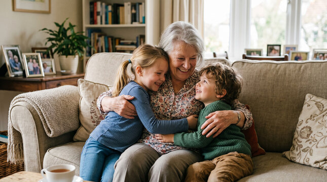 Grandmother hugging happy grandchildren on sofa, intergenerational love and family bond