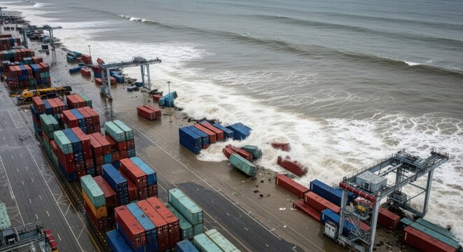 Shipping Containers Submerged in Coastal Port Disaster Amidst Stormy Ocean Waters