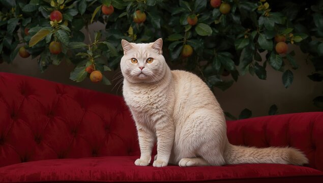 Cream Cat Sitting on a Red Sofa in a Garden with Apple Tree Background
