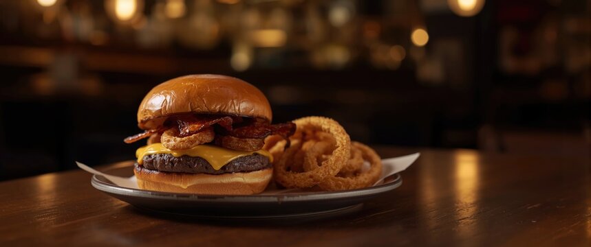 Gourmet Cheeseburger with Bacon and Onion Rings on a Rustic Table