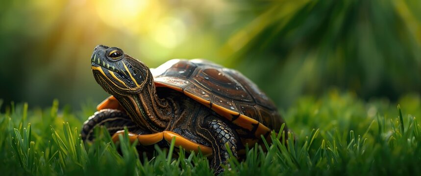Painted Turtle Resting on Green Grass Under Soft Sunlight