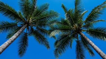 Fototapeta premium Low Angle View of Two Tropical Coconut Palm Trees Under Clear Blue Sky