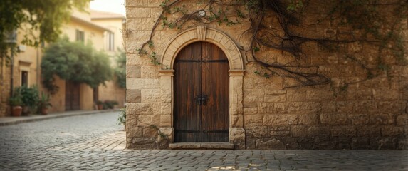 Fototapeta premium Wooden Door on Stone Wall - Charming Street Alley, Soft Evening Light